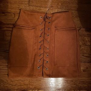 Orange brown tie up suede skirt
